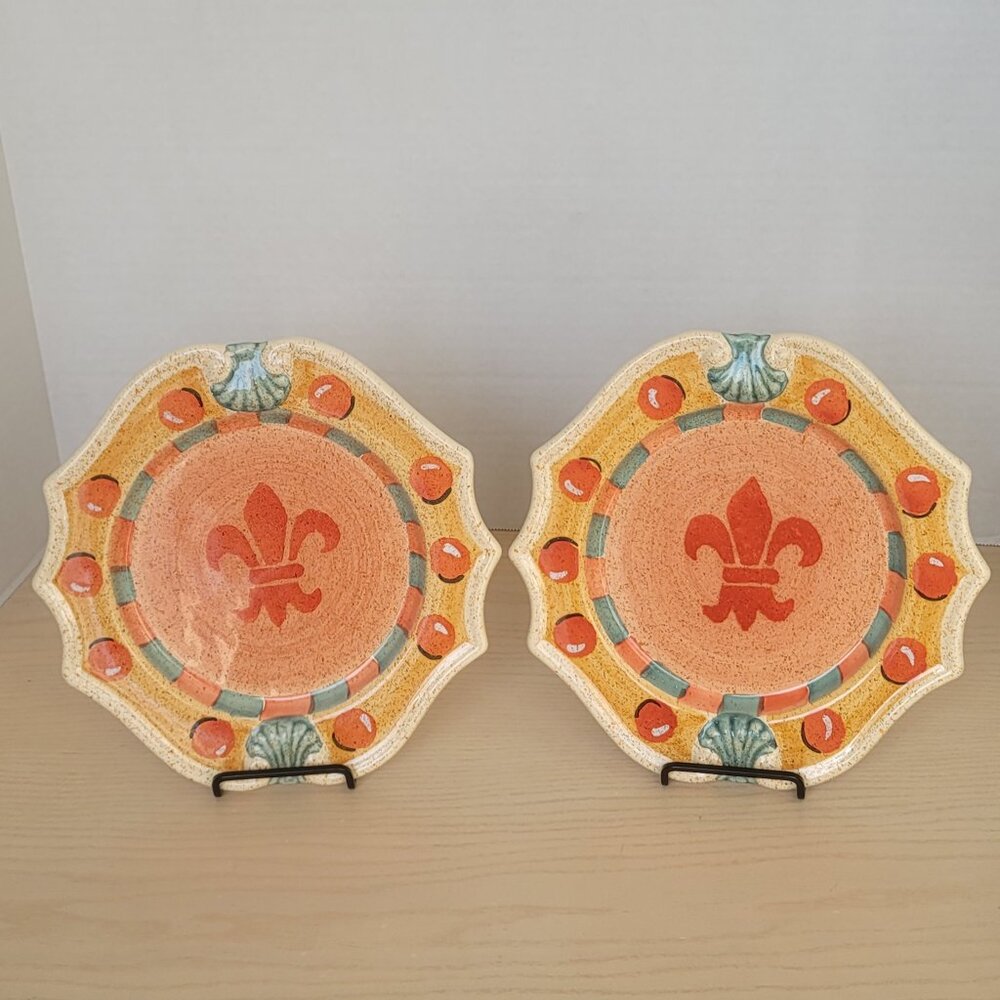 Horchow Medici Ceramic Hand Painted Fleur De Lis Salad Plate 9.25" Set of 2